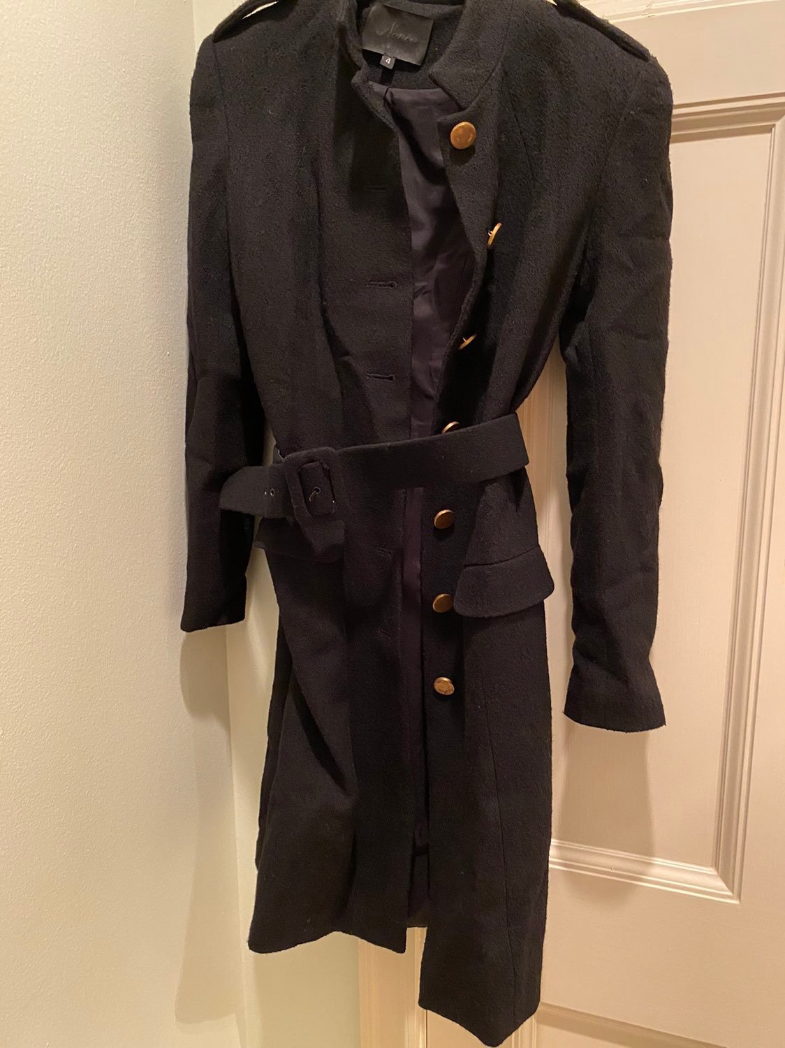 Black wool Nonoo military inspired belted coat