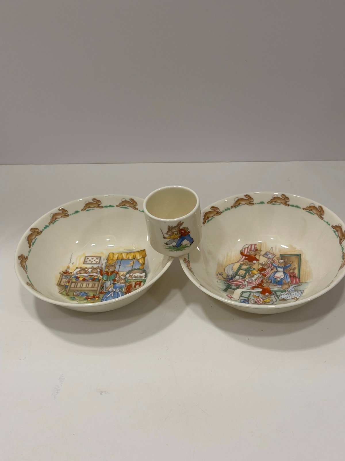 lot of 3 Royal Doulton Bunnykins 2 6” Bowls Wallpaper & Bedtime Story & egg cup