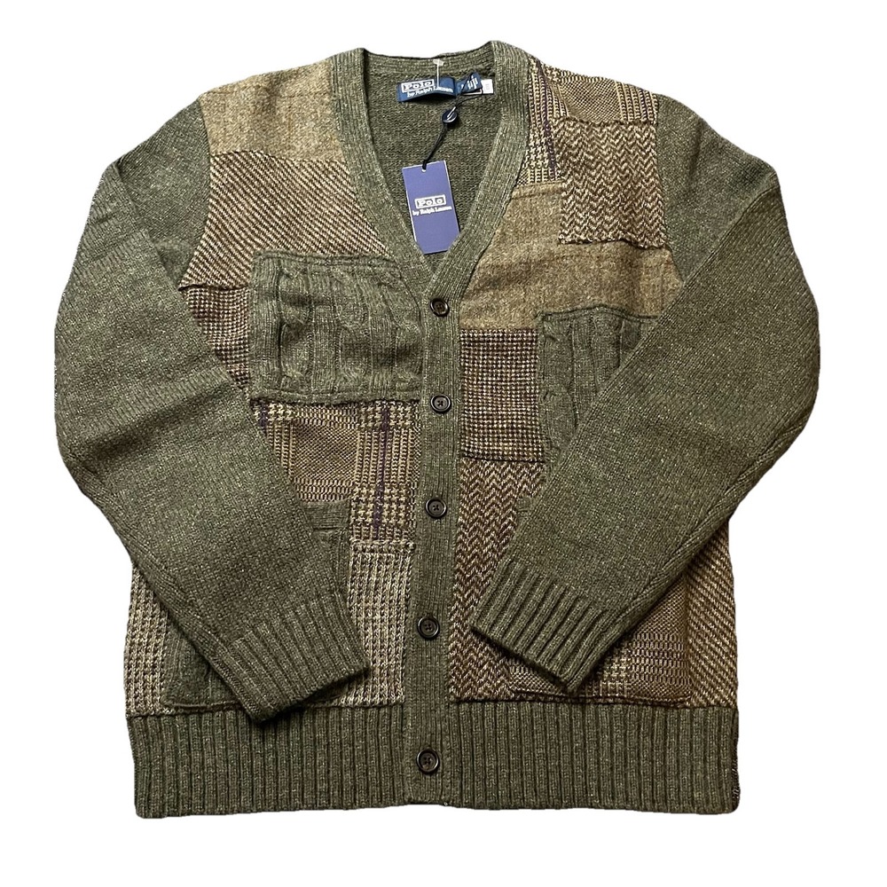 Polo Ralph Lauren Men's 100% Wool Patchwork V-Neck Cardigan Size Small Green