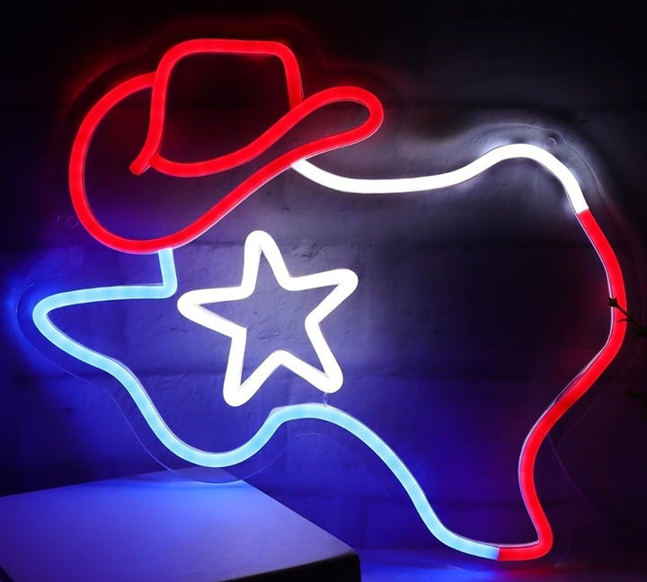 Fun Bright Red / White and Blue Texas Lone Star Cowboy Hat Light Room Wall Decor