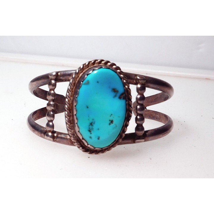 Vintage Child or Baby Signed JR Native American Cuff Bracelet Sterling Turquoise