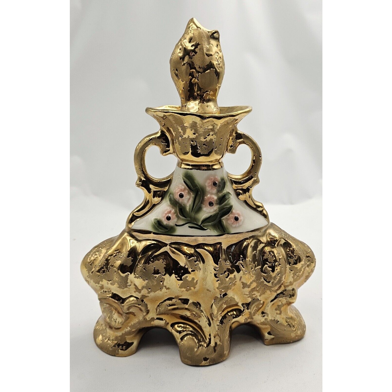 Vtg 1972 James Beam Decanter Regal China Co Gold Embossed w/Pink Flowers EMPTY