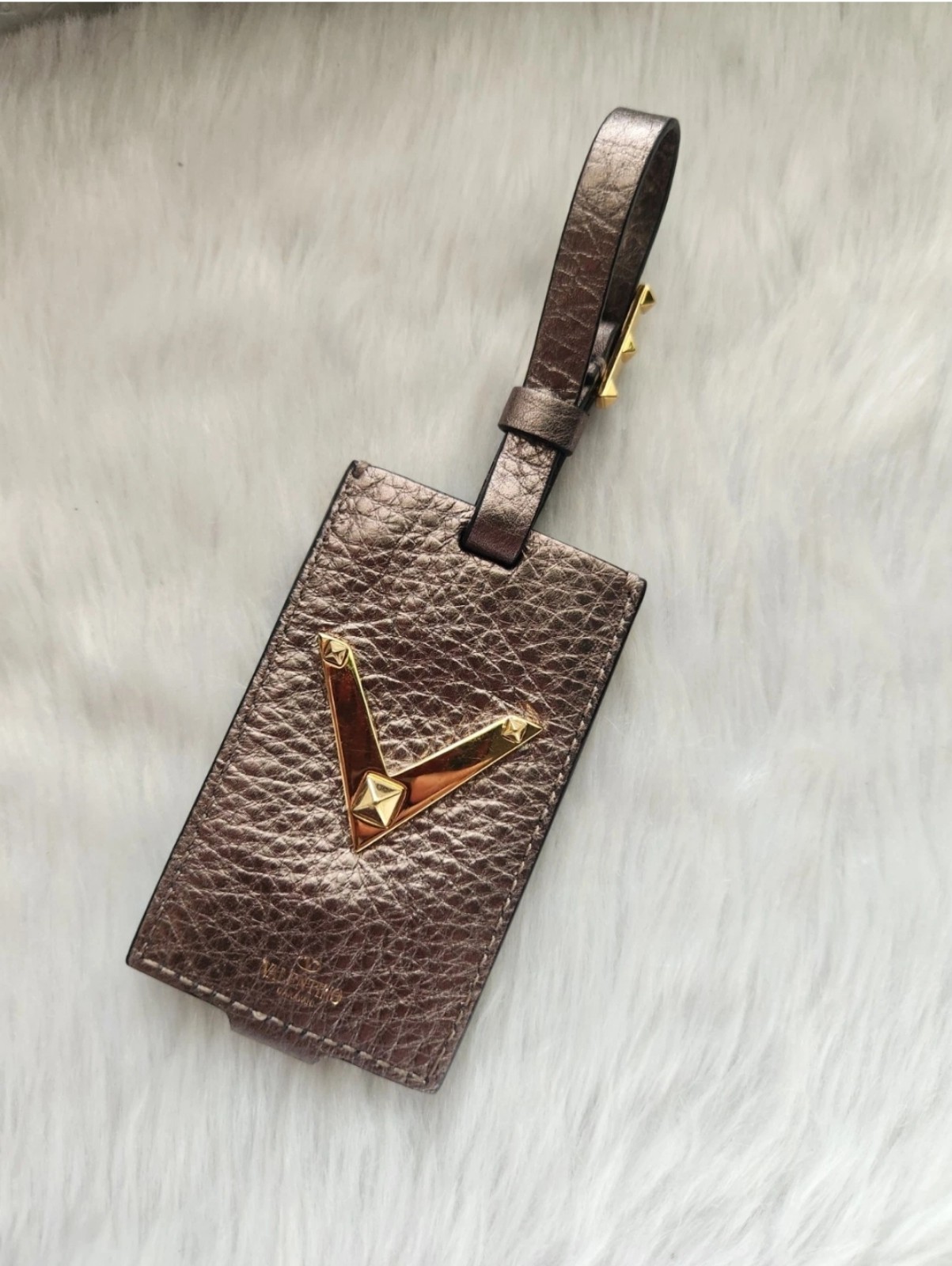 Valentino Garavani Rockstud Metallic Brown Leather Luggage Tag