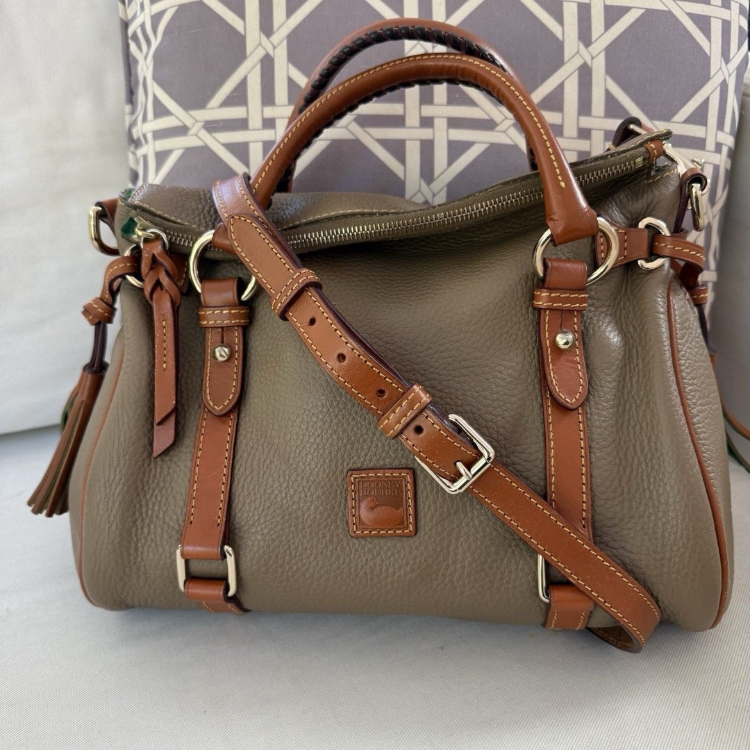 Dooney Bourke Florentine Vachetta Trim Pebble Leather Taupe Tan Satchel