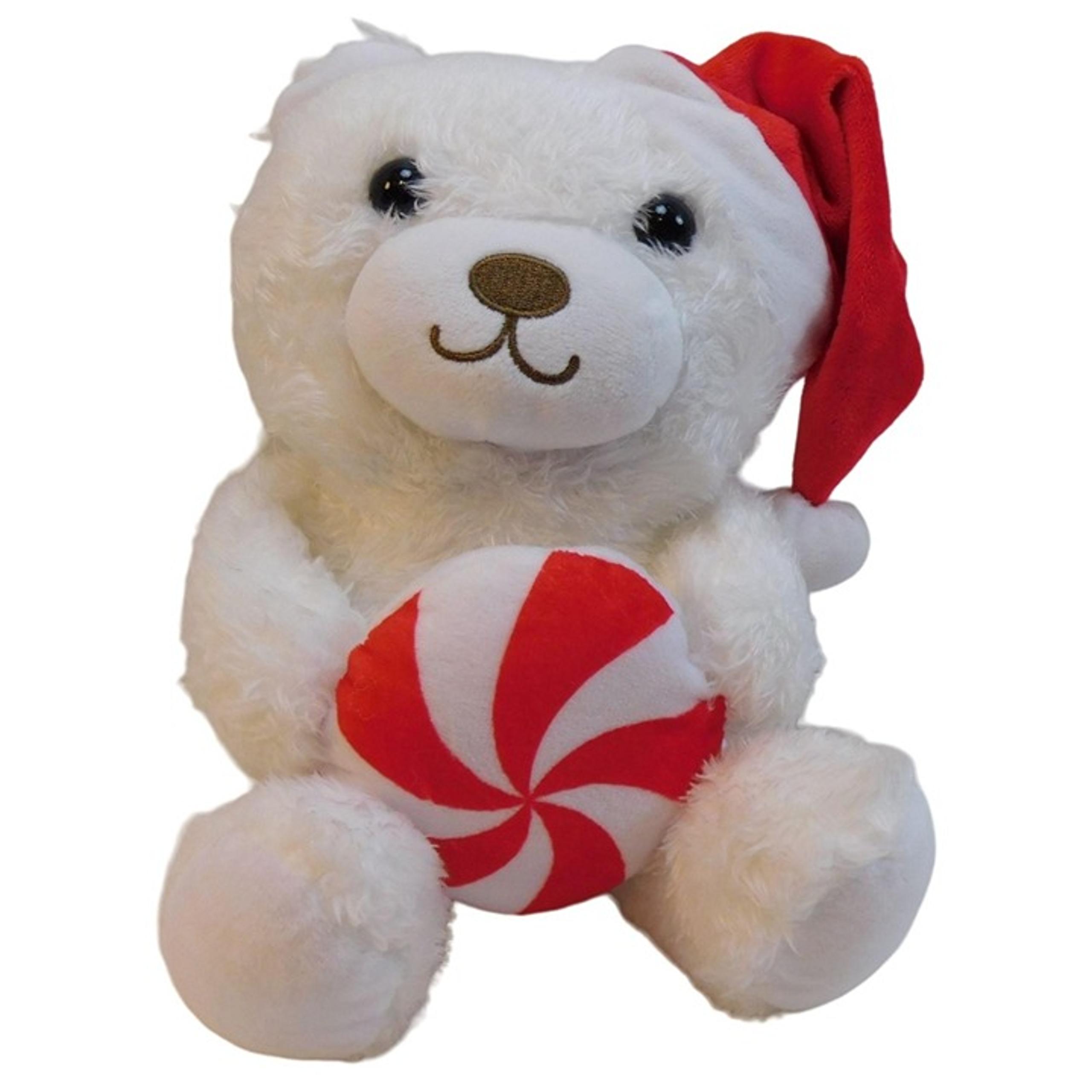 Hallmark Christmas Plush Teddy Bear Santa Hat Holding Starlight Peppermint Candy