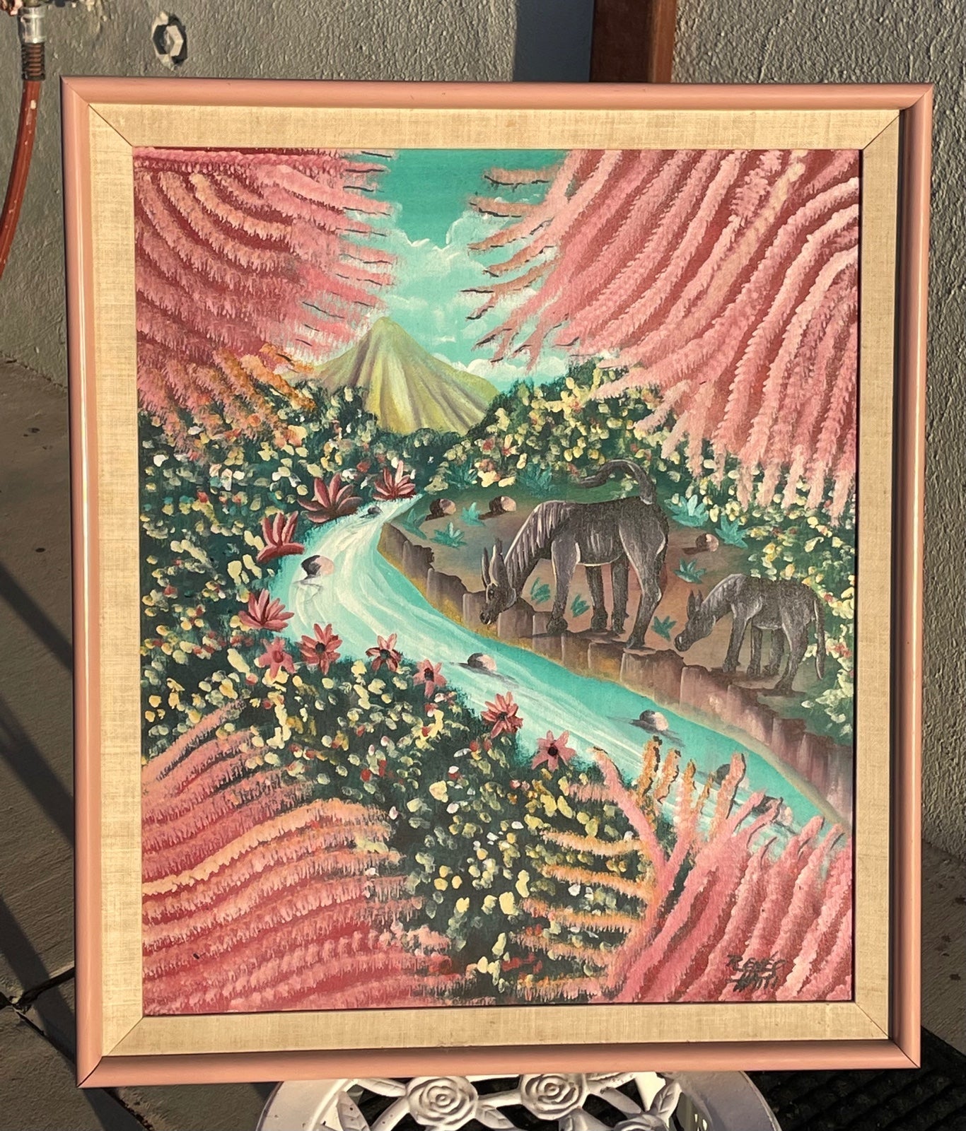 Antique handmade river painting with frame by Renes Witti
