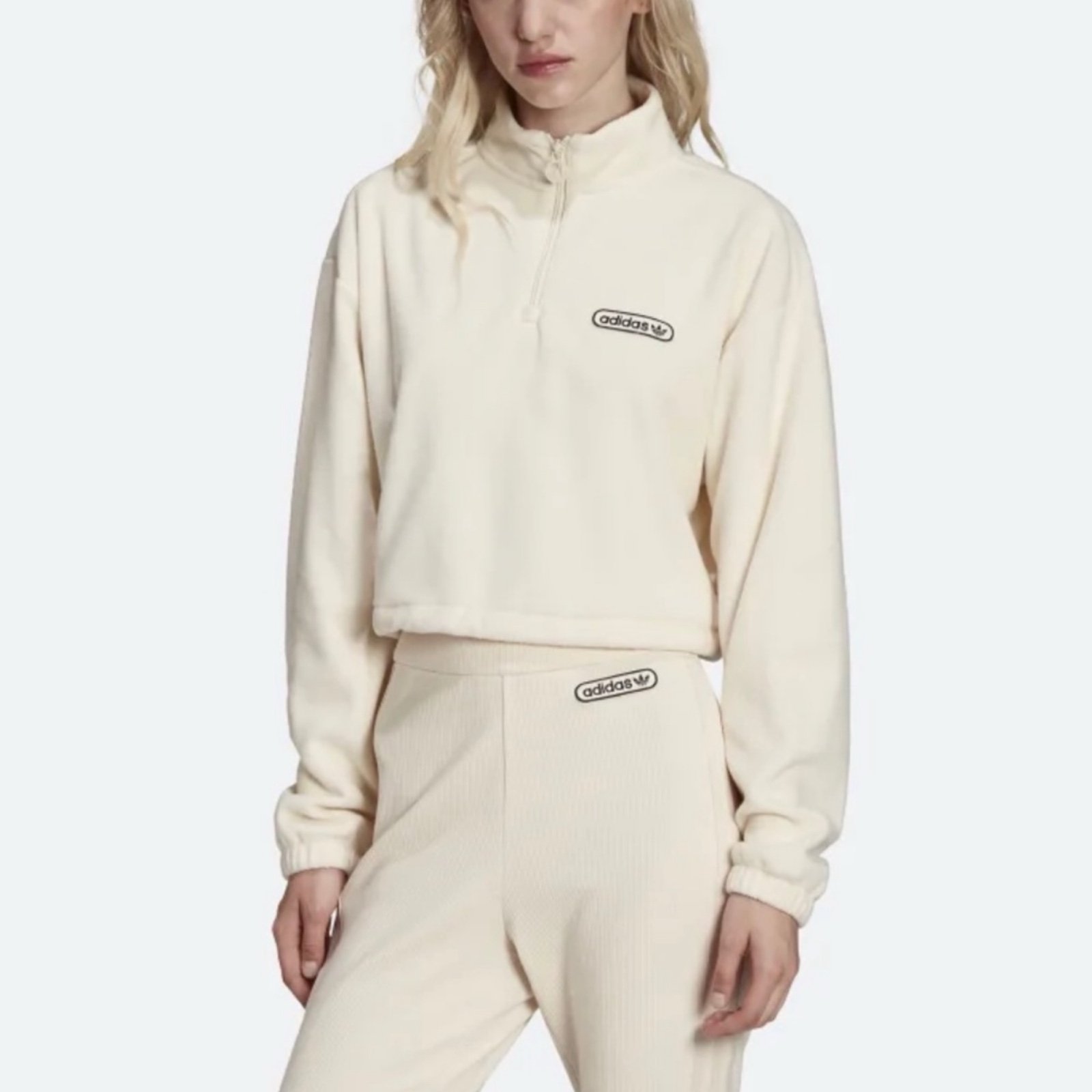 adidas Retro Luxury 1/4 Zip Cropped Sweater Sz M In Wonder White/Black NWT