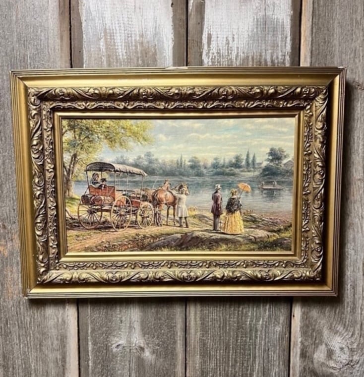 Stunning Large Vintage Waiting for the Ferry Signed Lithograph E.L.Henry