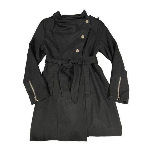 Guess Black Wool Blend Trench Pea Coat Button Front Tie Waist Zipper Cuffs | Siz
