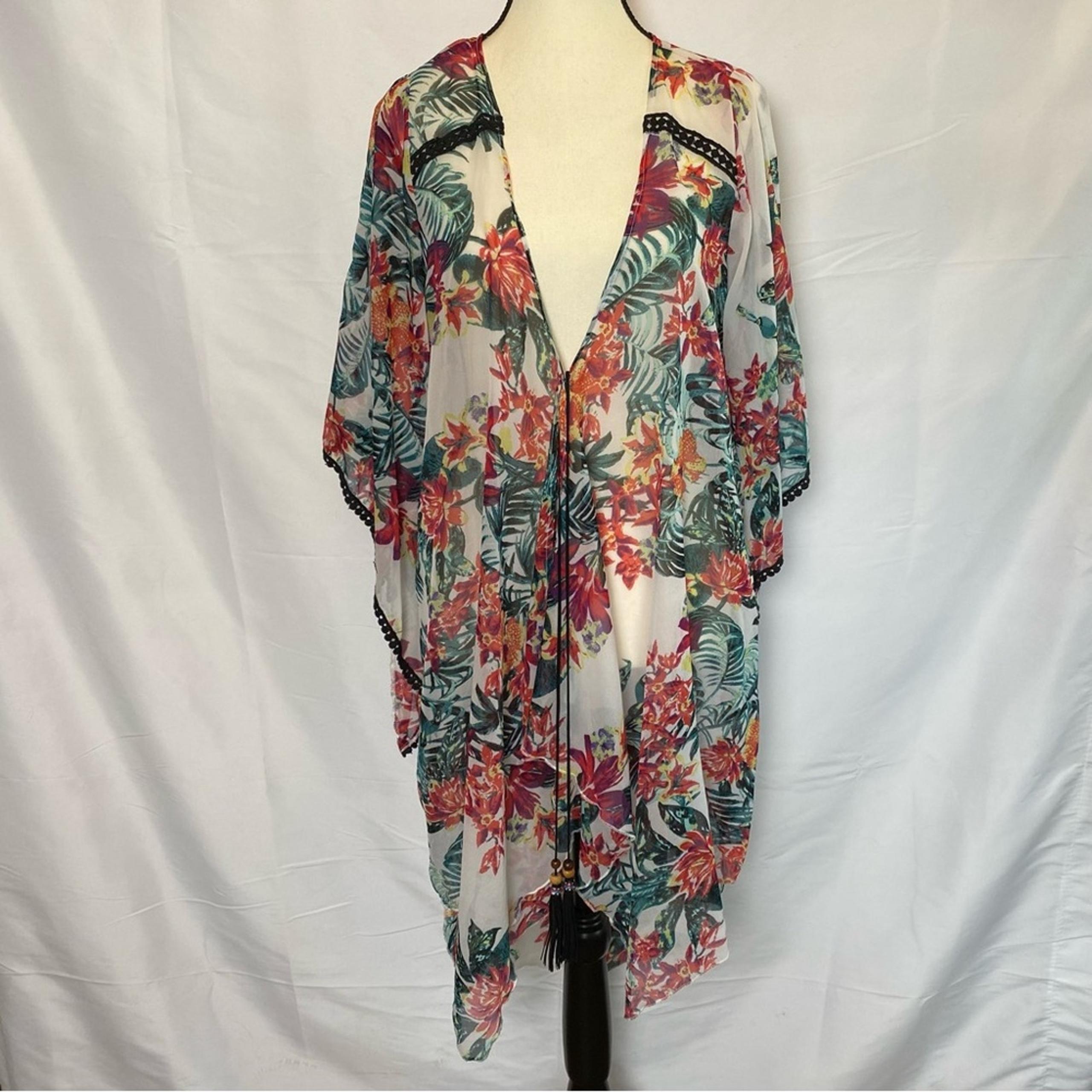 BCBGeneration Sheer Tropical Print Tassel Tie Bell Sleeve Beach Cover Up