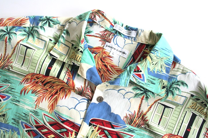 Vintage Pierre Cardin tropical shirt L cotton Korea island Caribbean aqua green