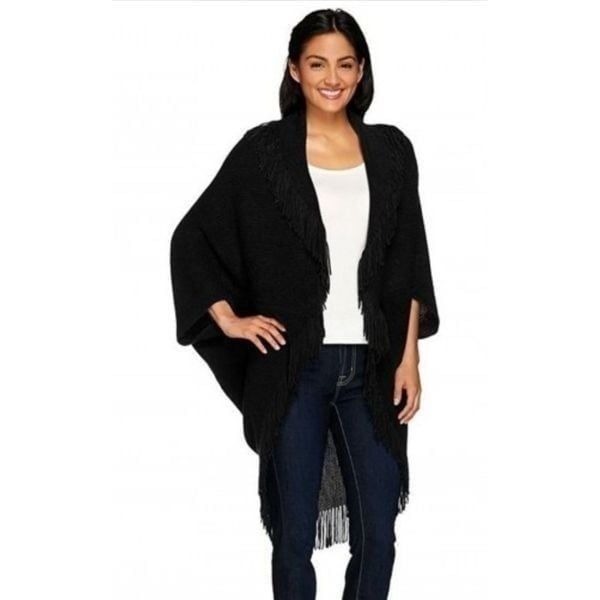 Layers by Lizden Marvelush Waffle Knit Fringed Shrug Sweater Shawl OS Black NWT