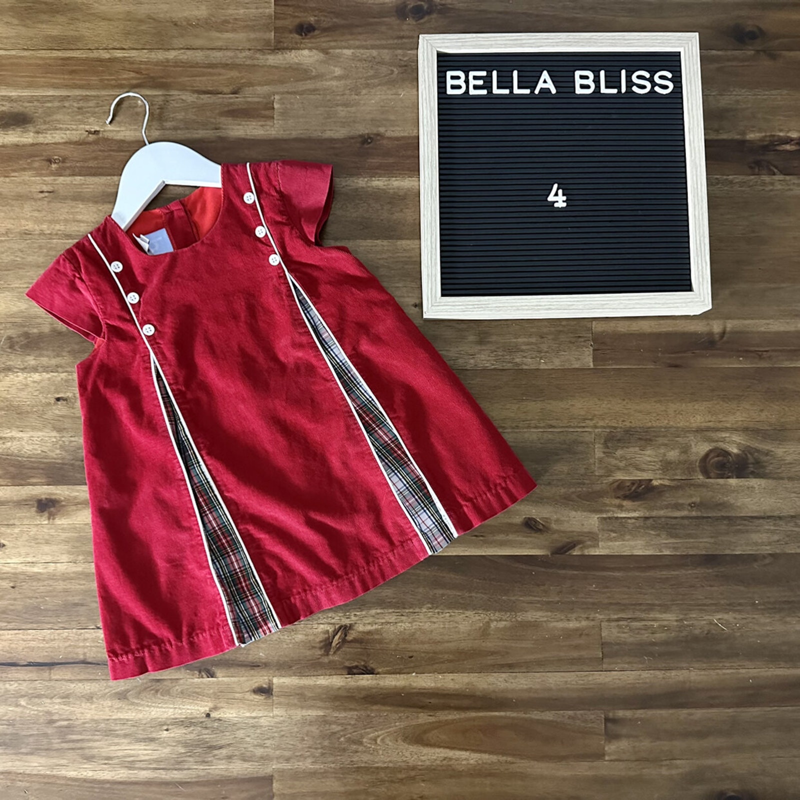 Bella Bliss Caroline Red Corduroy Plaid Pleated Short Sleeve Christmas Dress 4