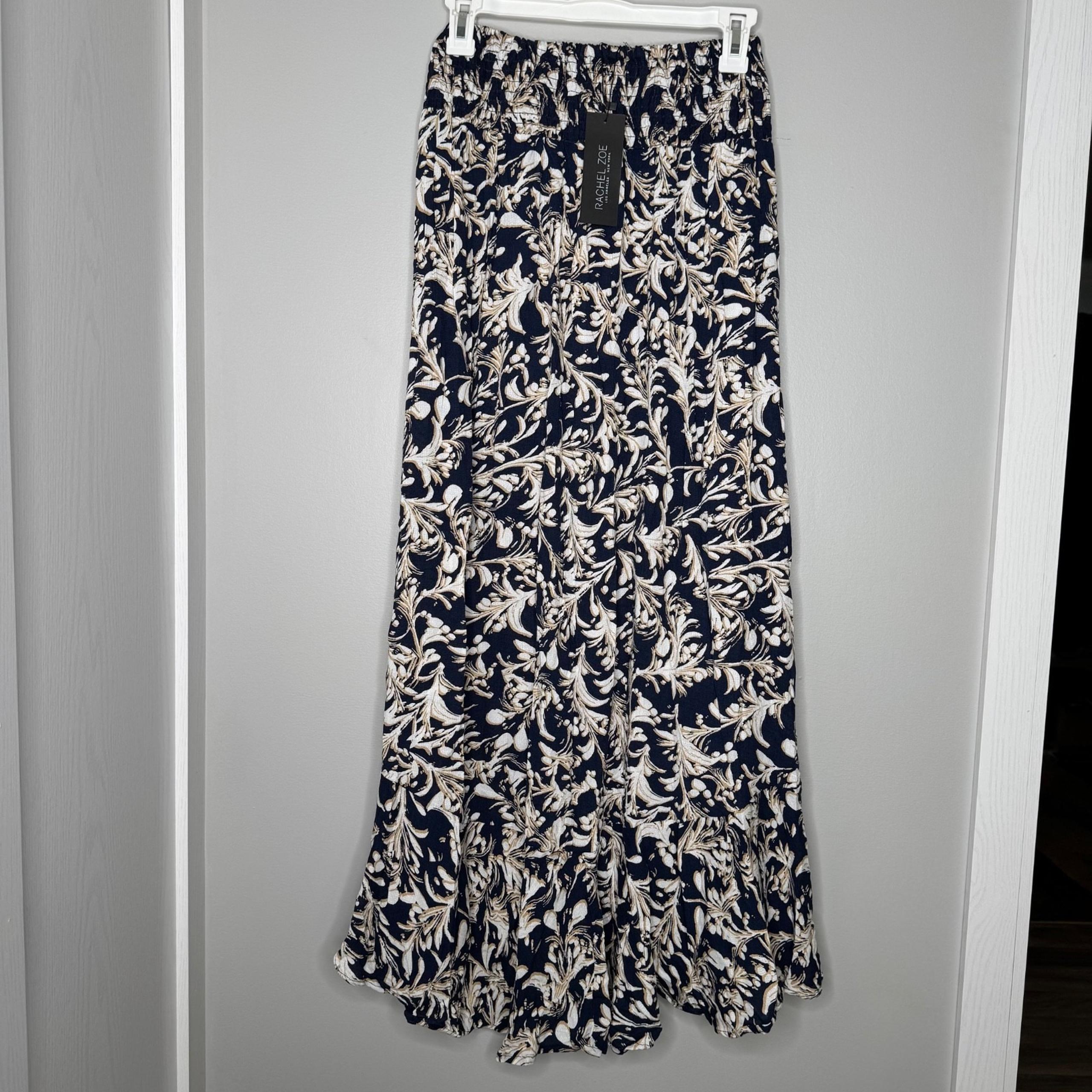 Rachel Zoe Maxi Skirt XS Navy Ivory Floral Smocked Button Front Boho