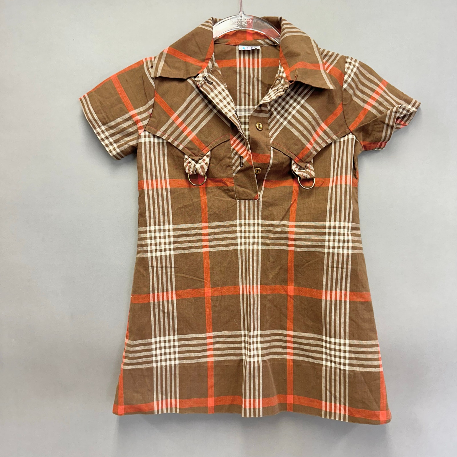 Vintage 70s Tiny Town brown plaid utility short sleeve dress girls size 8