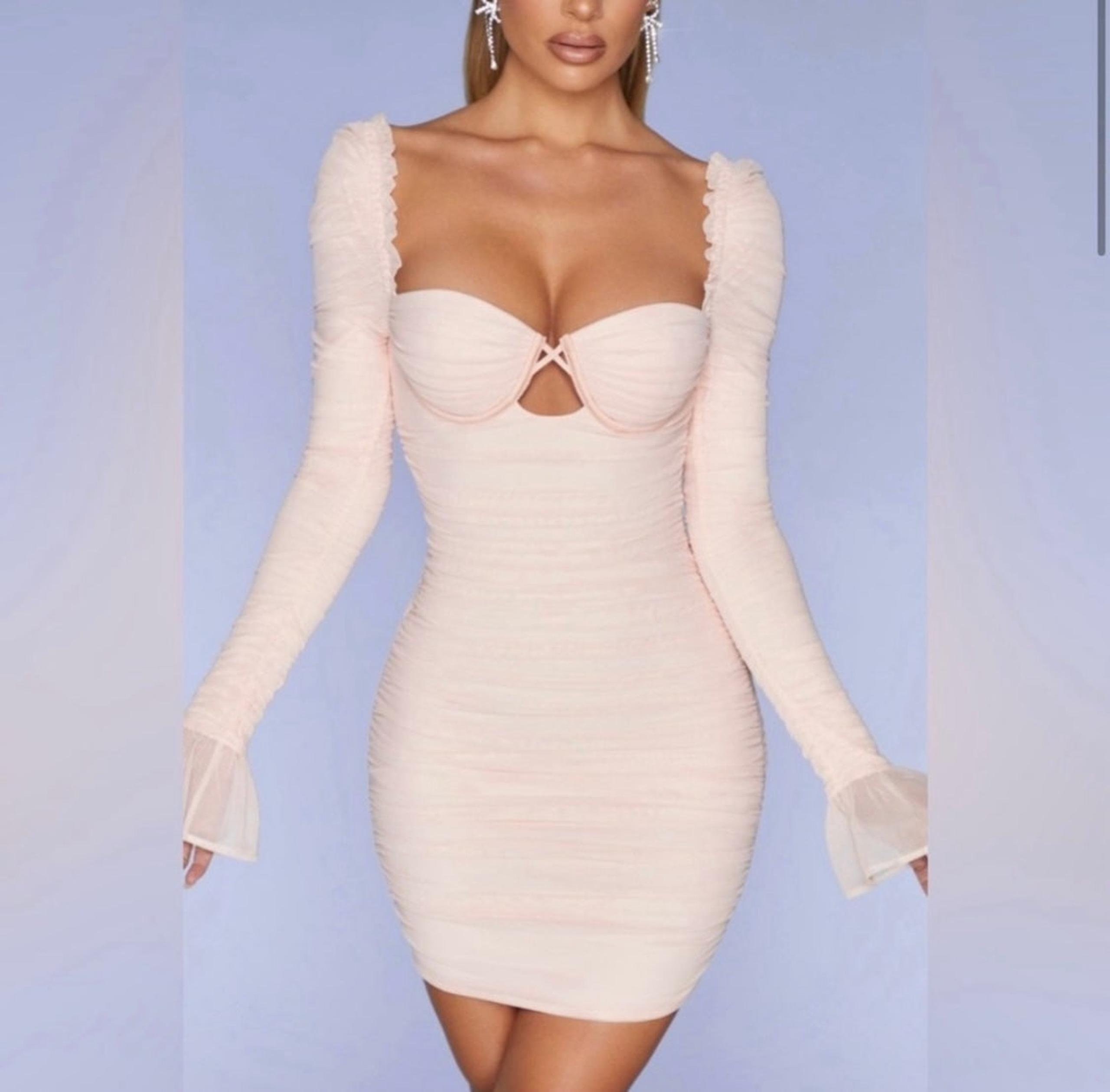 Oh Polly nude/sand color Long sleeve Dress with Ruching