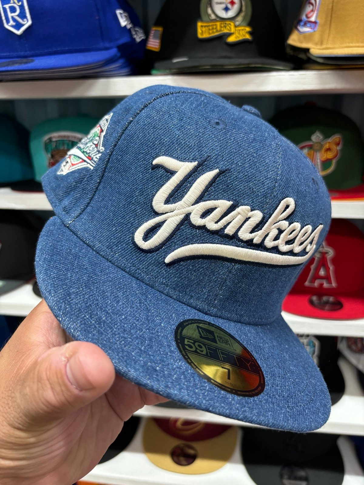 Size 7 New York Yankees Denim New Era 59Fifty Fitted Hat