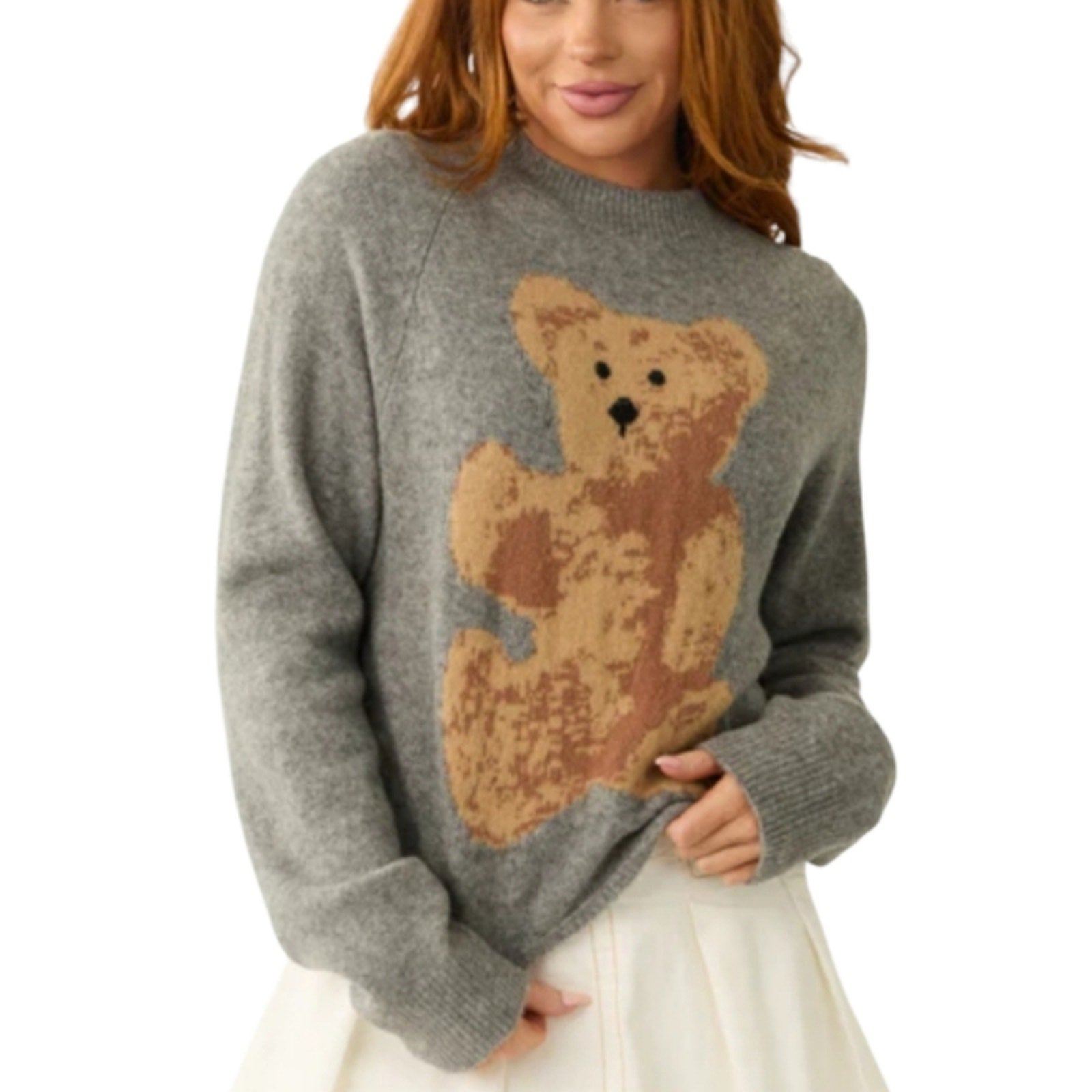 Orange Kiss Big Bear Cozy Warm Gray Pullover Crew Neck Sweater Plus Size 2X New
