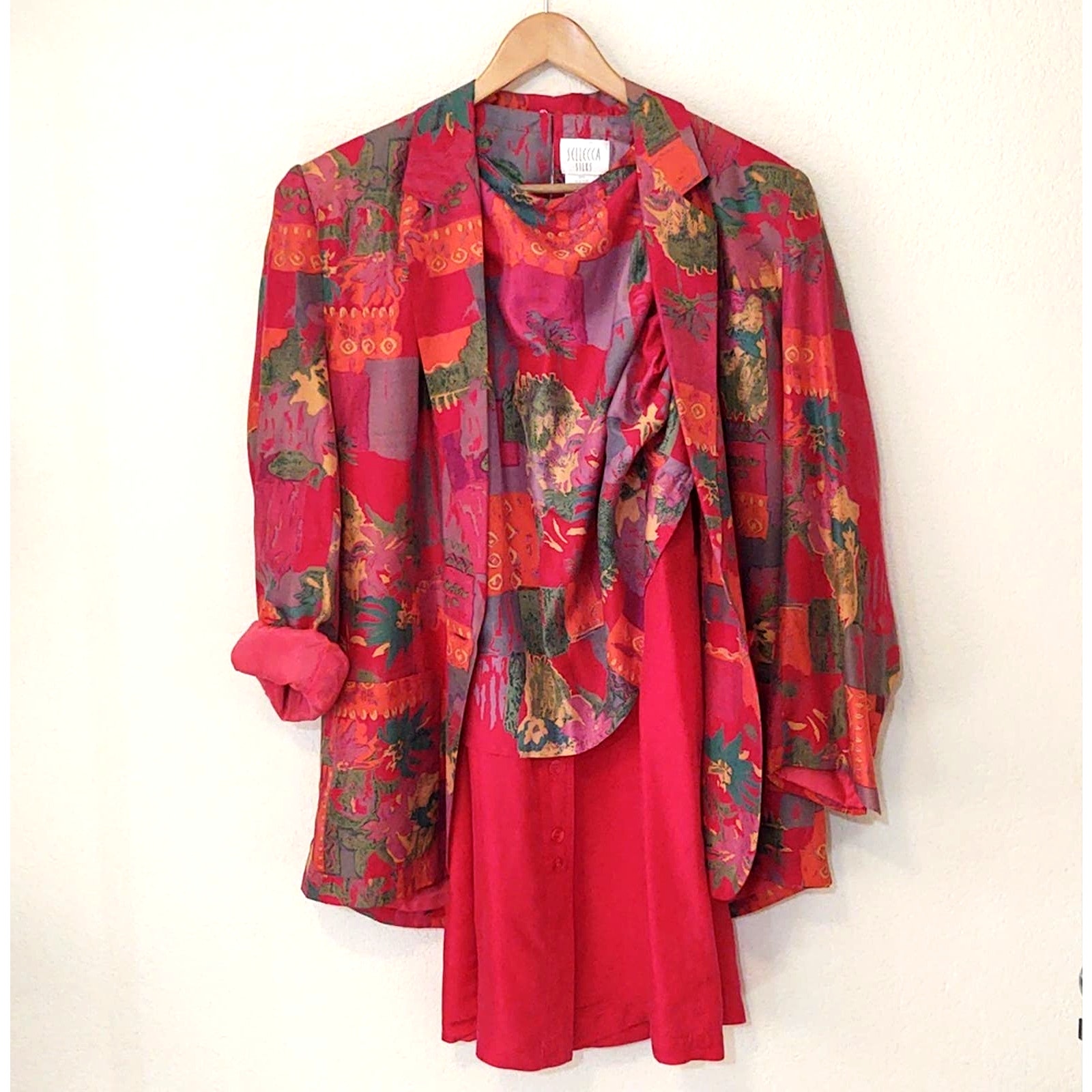 Sellecca Silks vintage three piece red abstract outfit jacket, top, skirt
