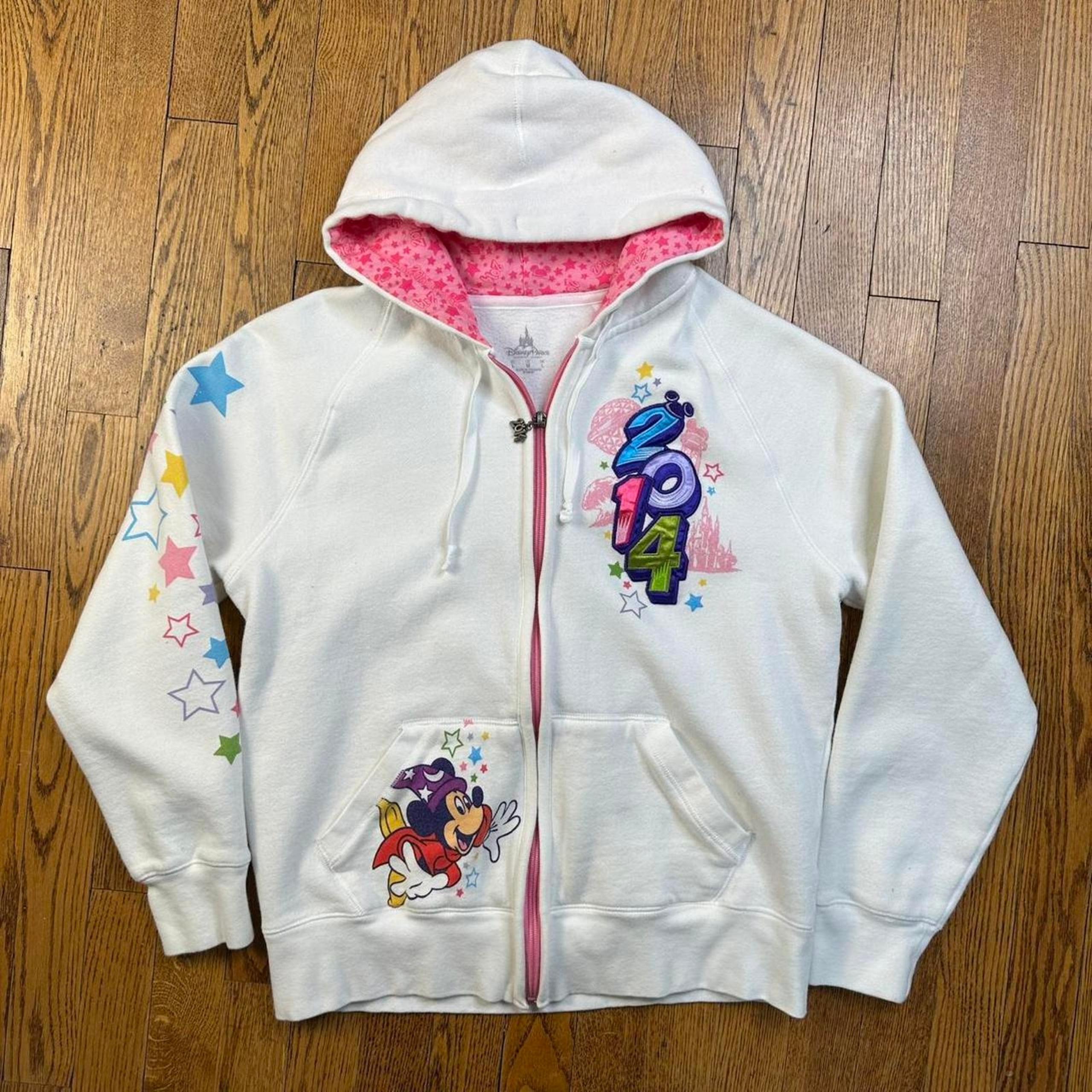 Y2K Disney Parks 2014 Womens Mickey White & Pink Zip up Hoodie Sweatshirt Jacket