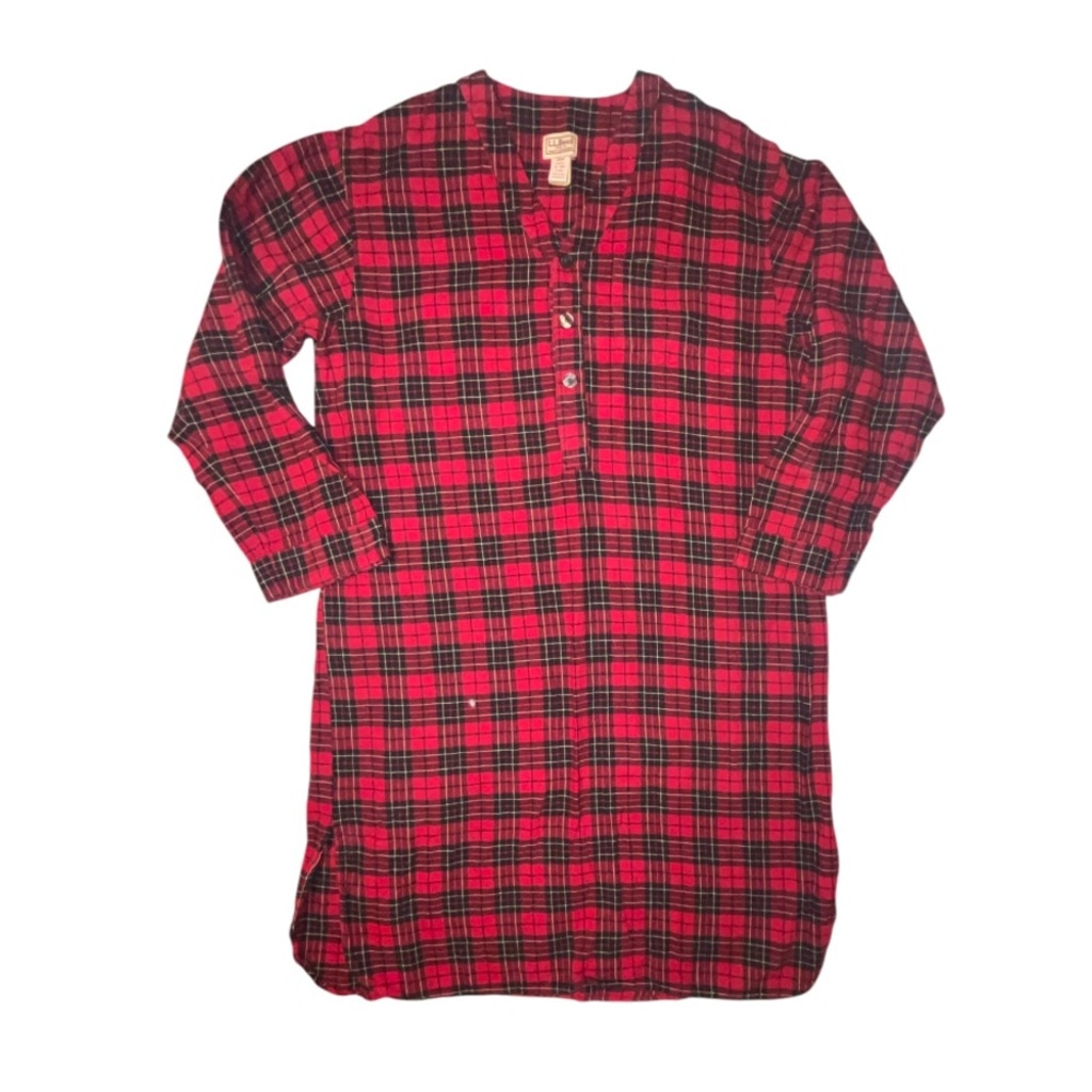 Vintage L.L. Bean Plaid Flannel Long Sleep Shirt Button V Neck Pajama Size XL