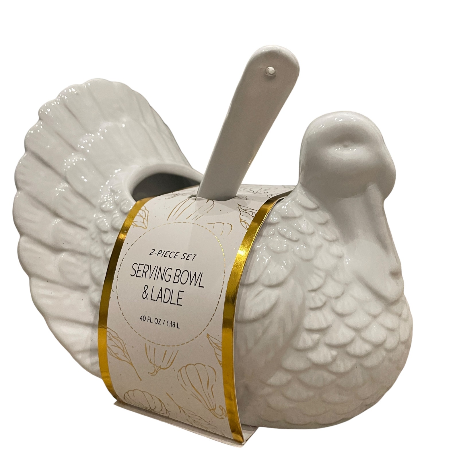 Turkey Shaped Serving Bowl and Ladle 2 Piece Set White 7in New