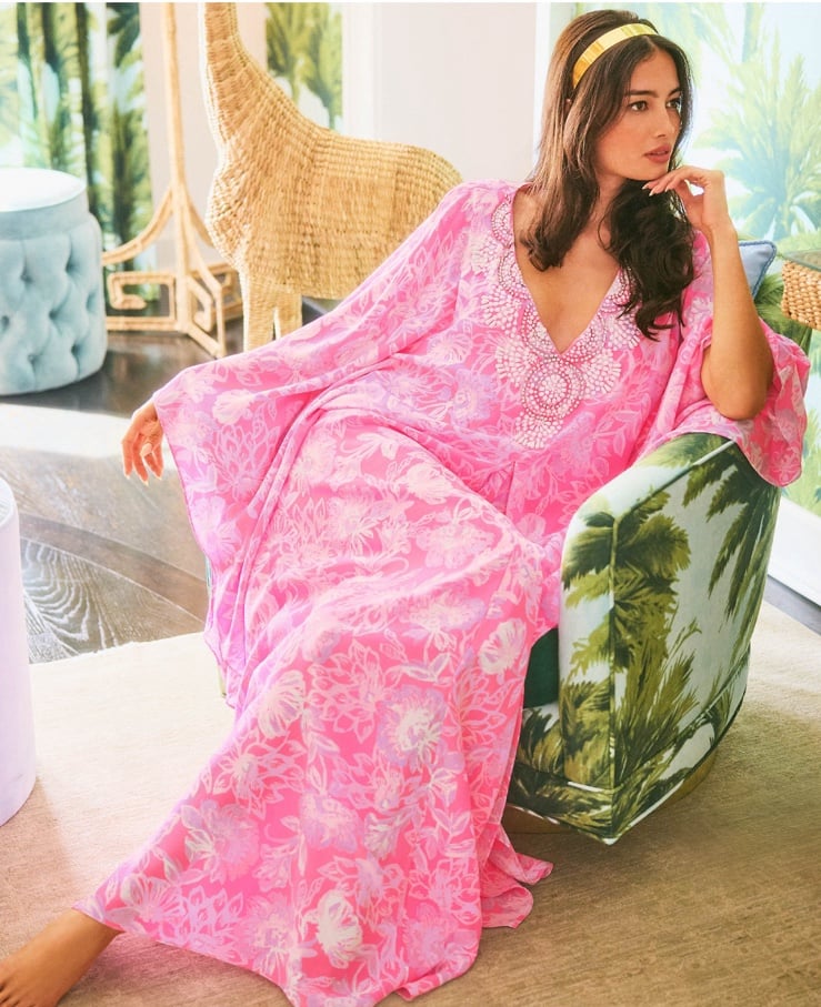 NWT Sz 6 Mindy Beaded Silk Maxi Caftan Rousseau Pink Zen Garden