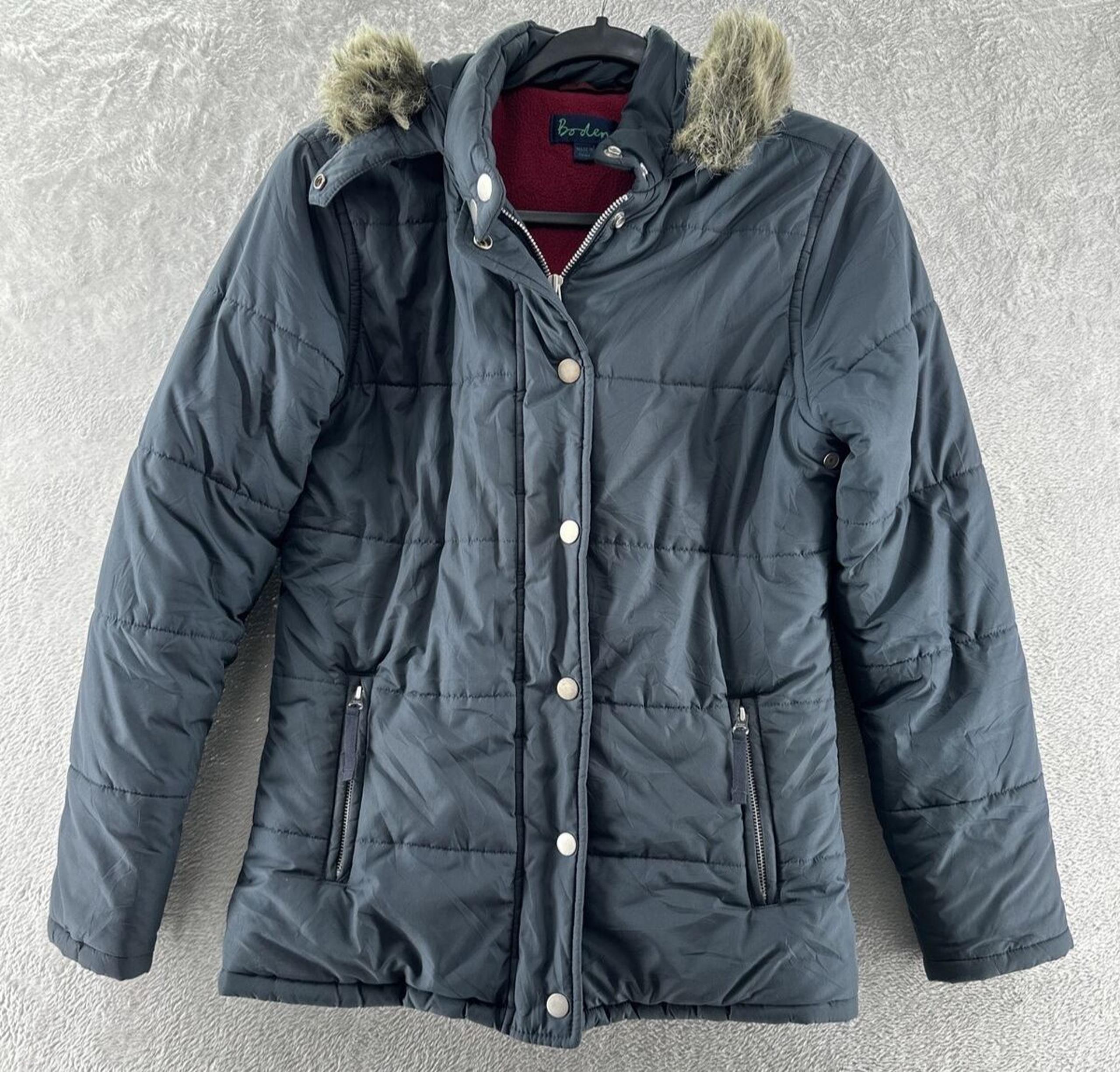 Boden Jacket Womens Size 10 Navy Faux Fur Long Sleeves Hooded Puffer