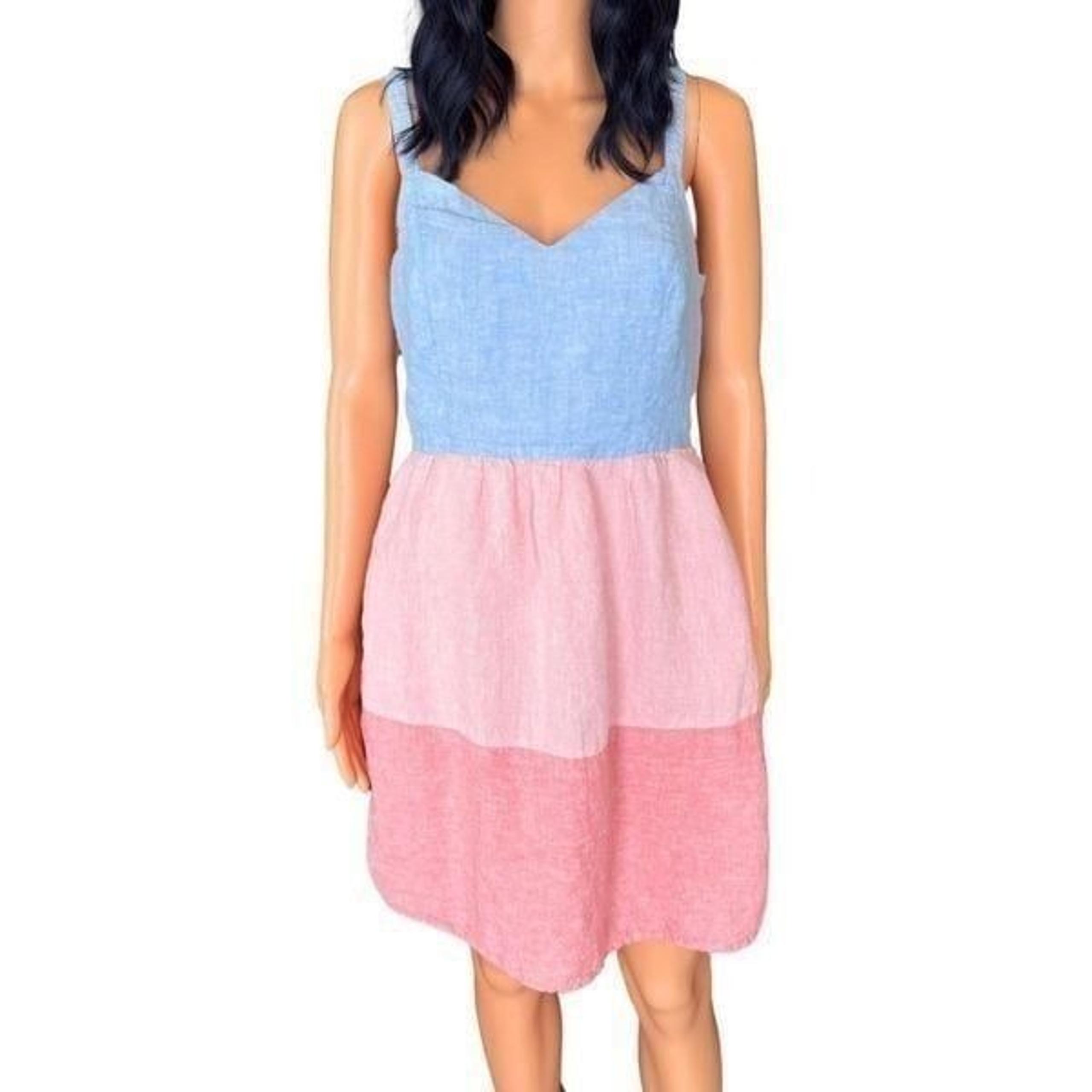 Cynthia Rowley 100% Linen Color Block Pink Blue Strappy Dress Size Medium