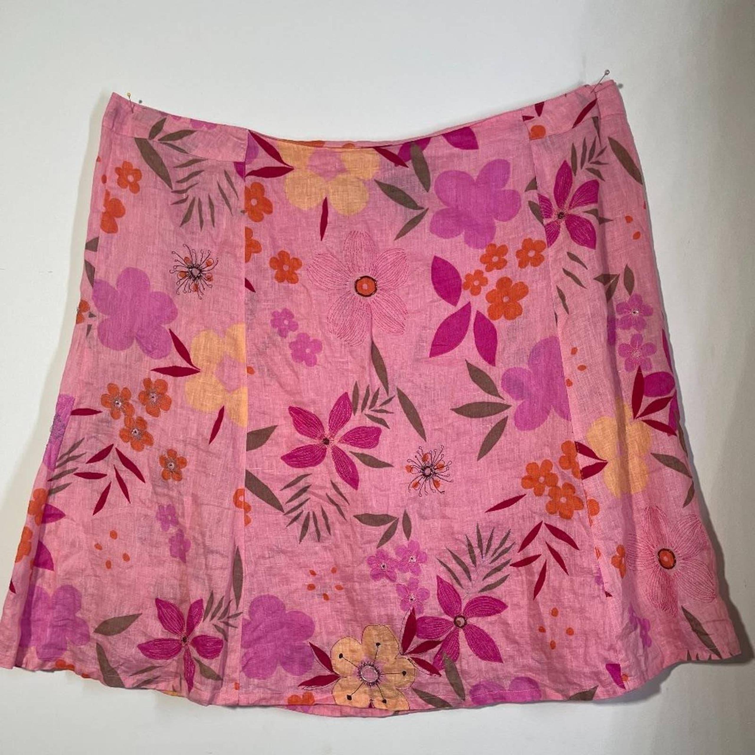 Avenue 100% Linen Beaded Pink Embellished Floral A Line Skirt 24