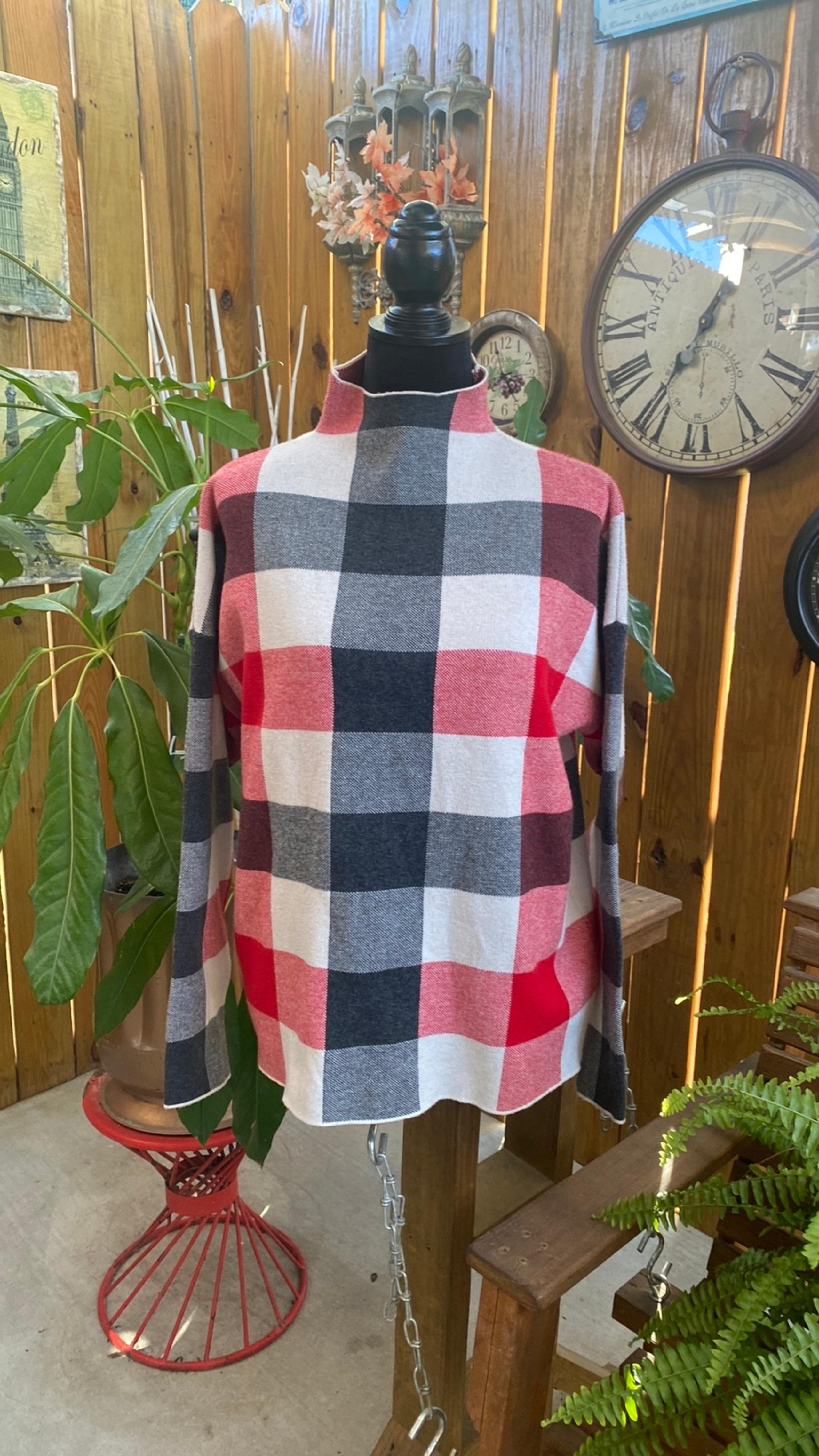 TAHARI Women's Red-Black-Cream Plaid Mock Neck Pullover Sweater - Size X-Large