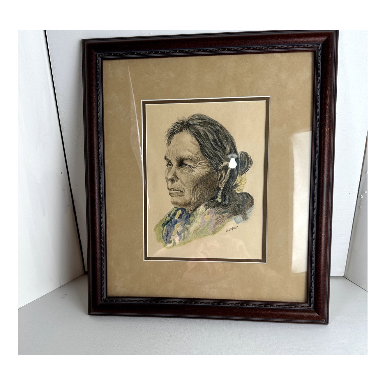 Painting Native American Woman C. R. Stout Artist Navajo Arizona Pencil? Glass