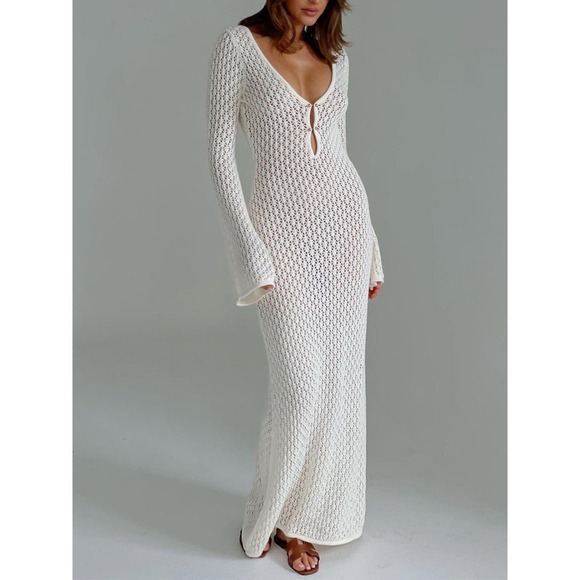 Commense Crochet Knit Maxi Dress Bell Sleeve Button Front Beach Cover Up white