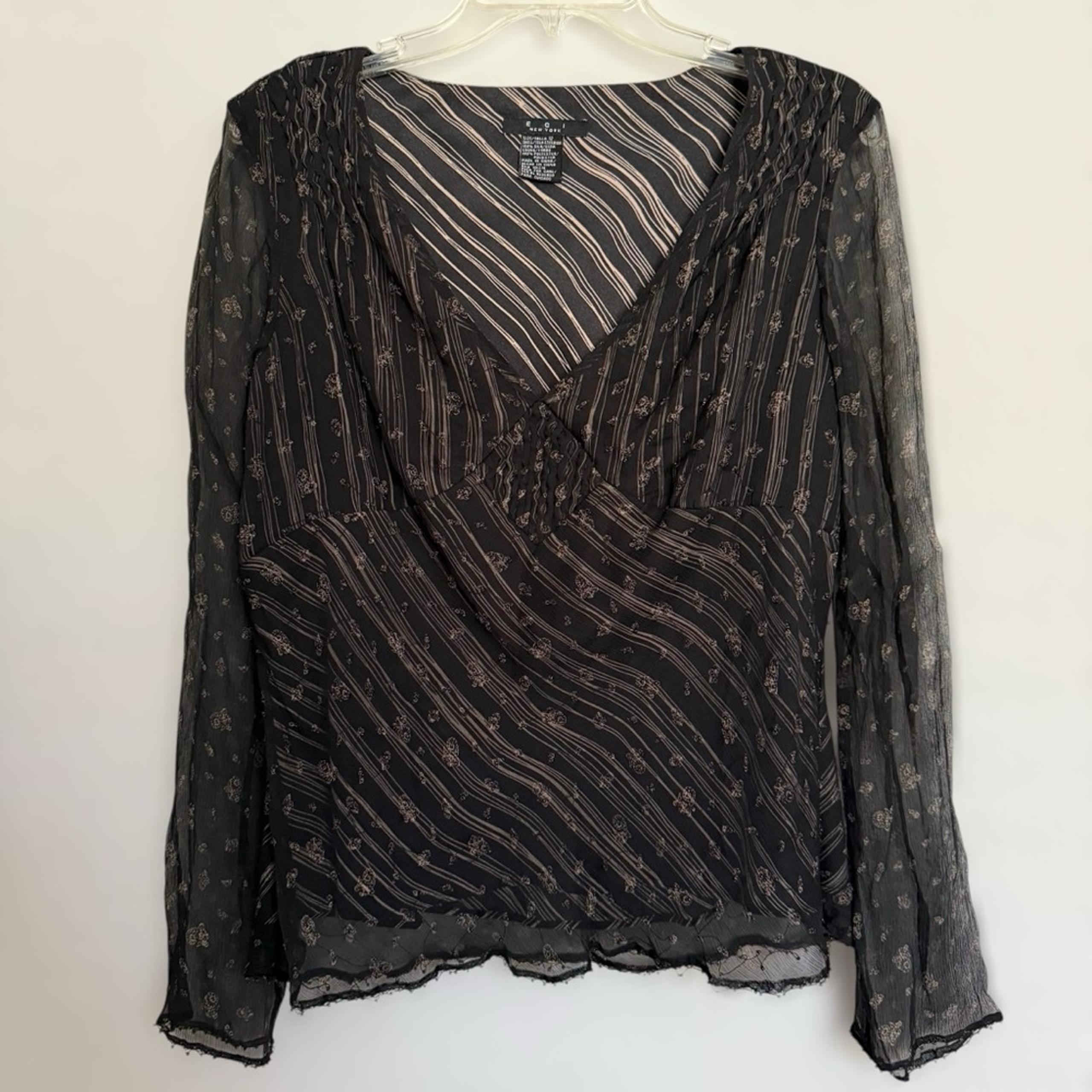 ECI New York Black Silk Semi Sheer Babydoll Blouse Sz 12 Whimsigoth Fairy Grunge