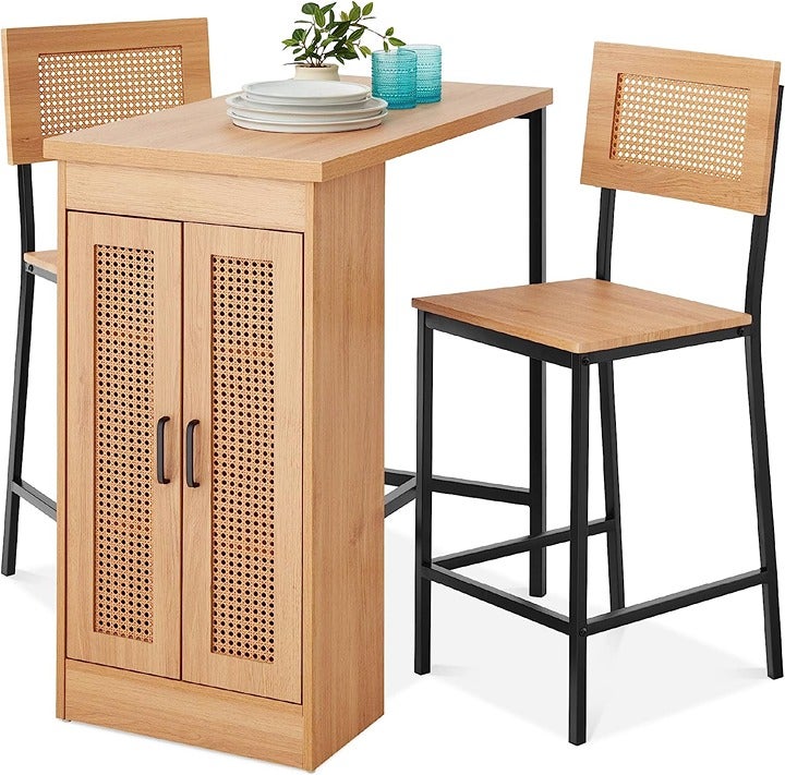 3-Piece Rattan Dining Set, Counter Height Boho Dining Table for Kitchen