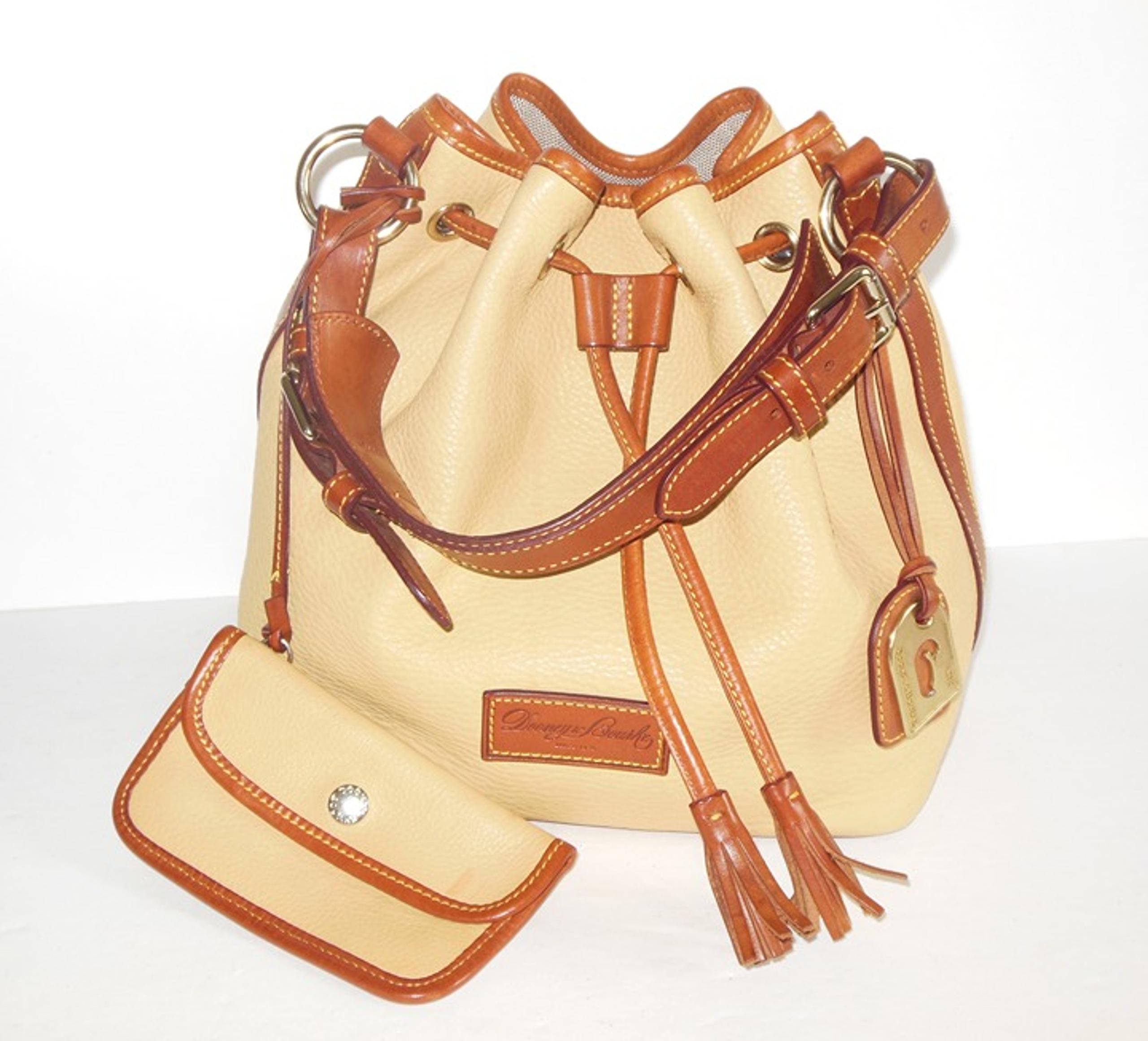 Dooney & Bourke Pebbled Leather Bucket Bag w Coin Purse Drawstring Tassel Yellow