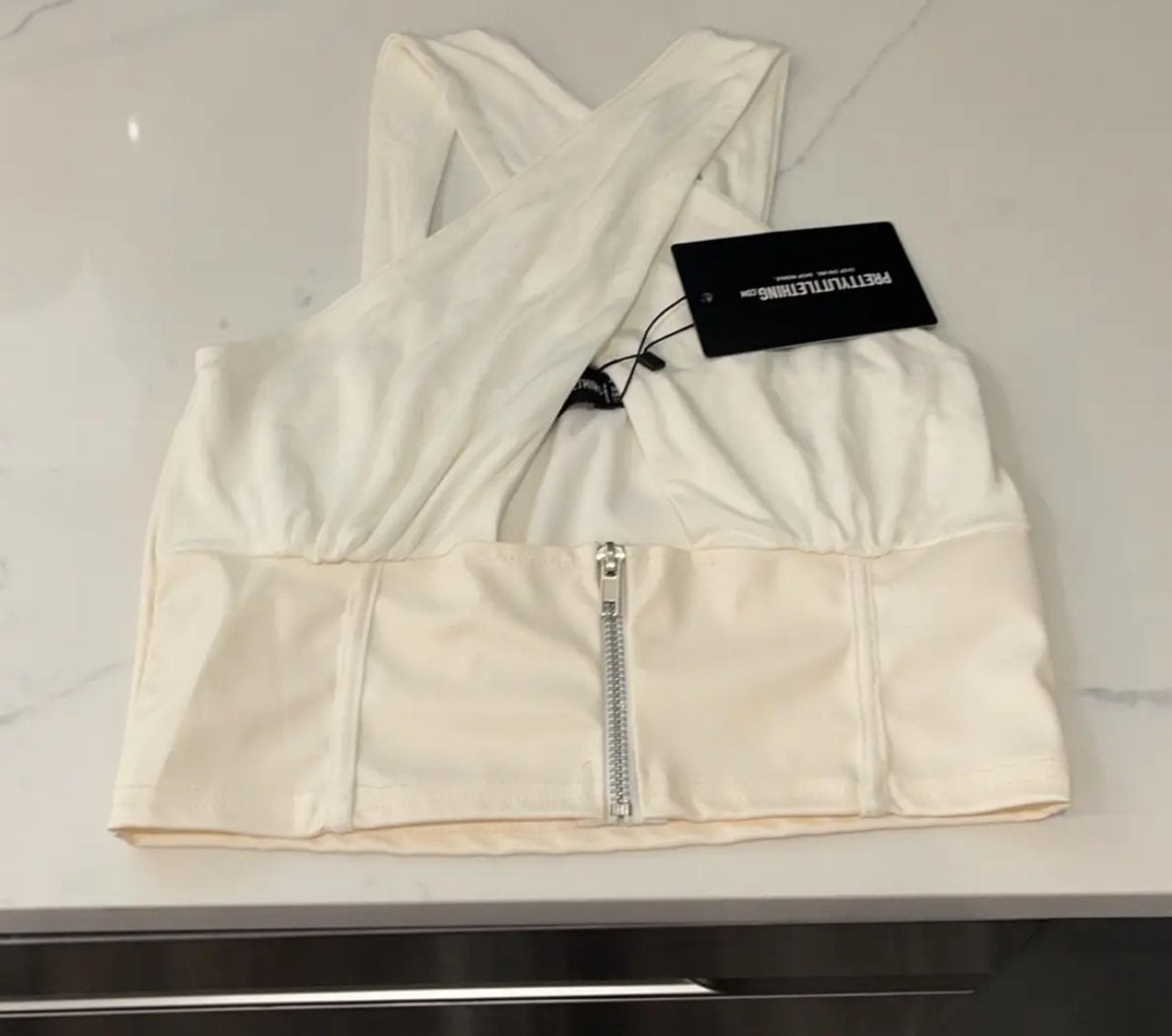 BNWT PrettyLittleThing (PLT) White PU Underbust Halterneck Strap Detail Crop Top