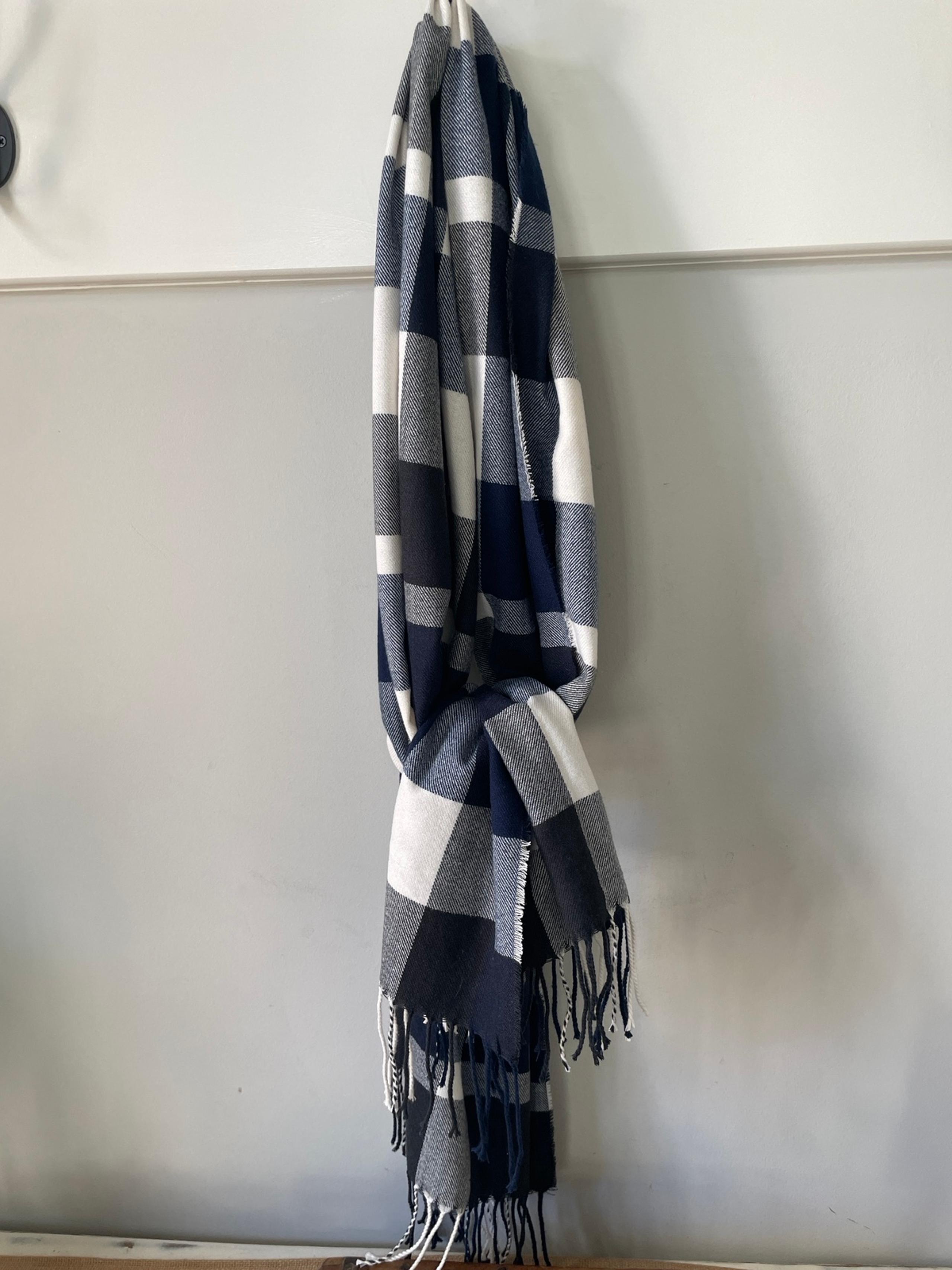 Plush Brand Blue, Black, and Cream Plaid Scarf