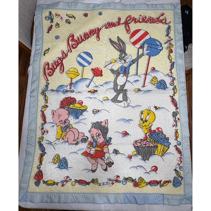 Vintage Bugs Bunny & Friends Baby Blanket Cartoon Print Soft Fleece 38x28 Inches