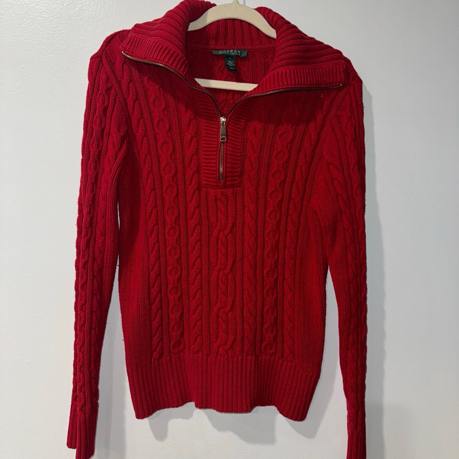 Ralph Lauren Black Label Red Cable Knitted 1/3 Zip Up Cotton Sweater Women's L