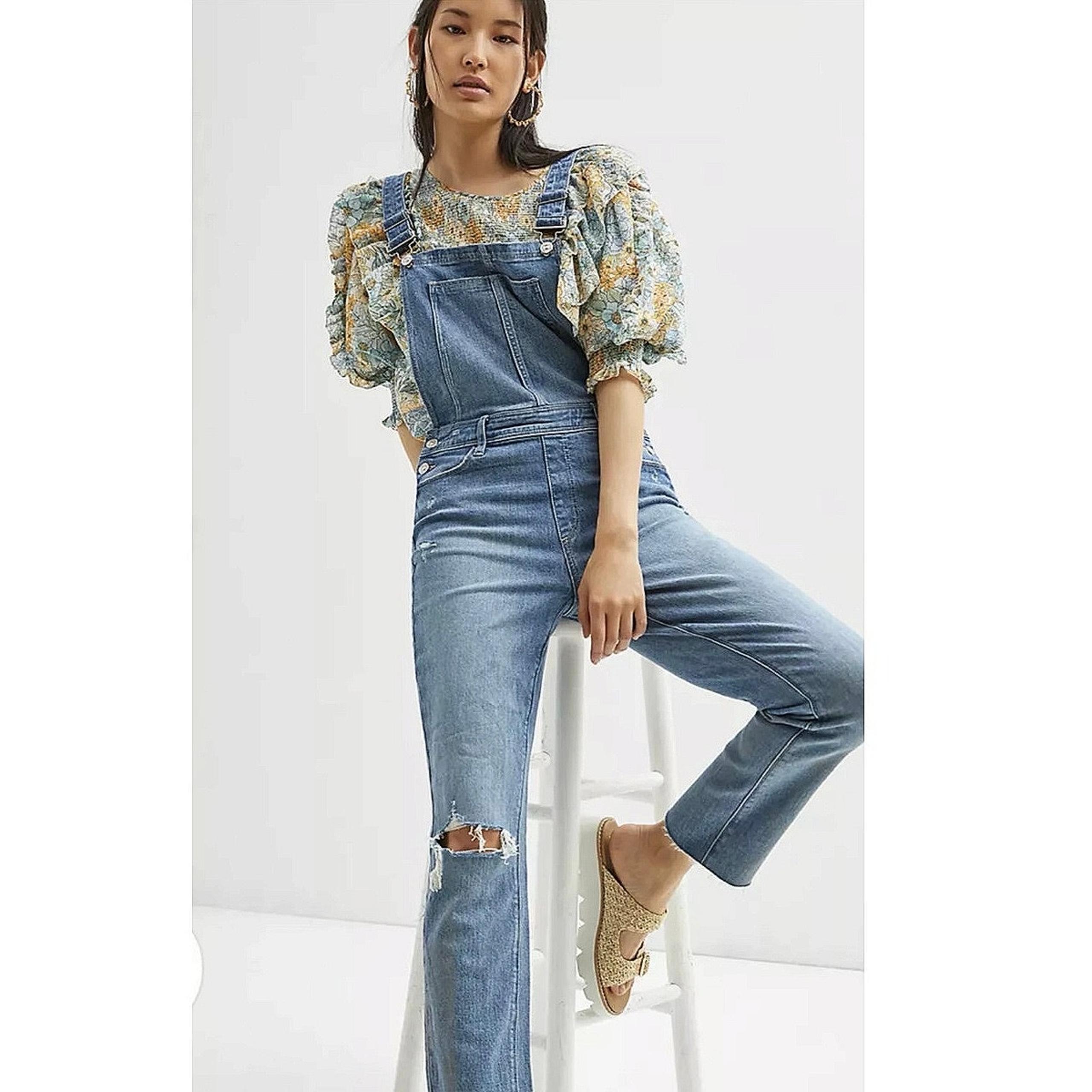 Paige Blue Sierra Denim Distressed Crop Frayed Jeans Romper Jumpsuit Overalls 24