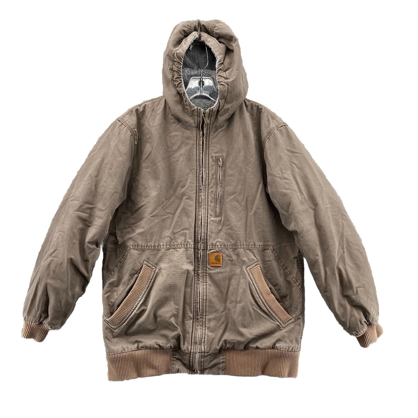 Carhartt Jacket Womens XL Brown Duck Hood Canvas Full Zip Workwear Sherpa Lined