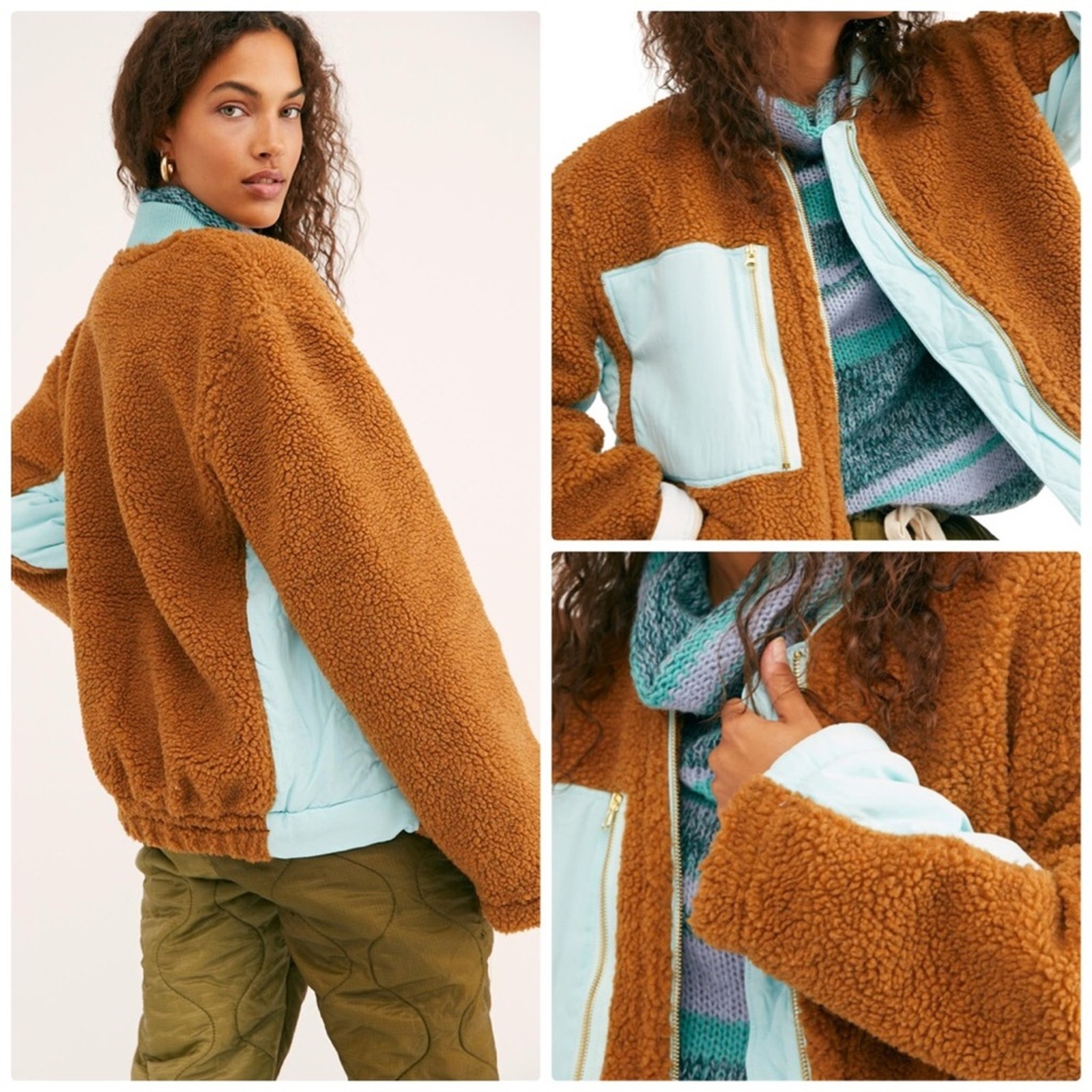 Free People Womens We the Free Rivington Sherpa Ribbed Neckline Brown Jacket