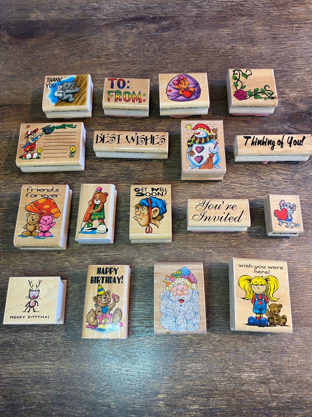 Vintage Wooden Rubber Stamps 1999 Sky Kids Inc. Lot of 17