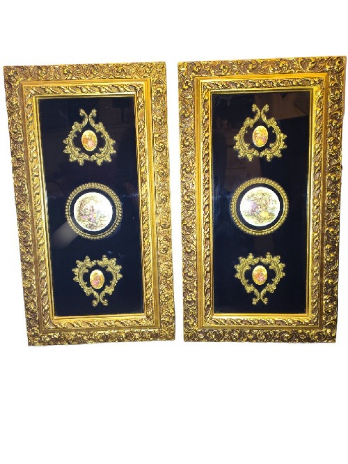 Pair of Vintage Fragonard Porcelain Paintings In Gold Frames