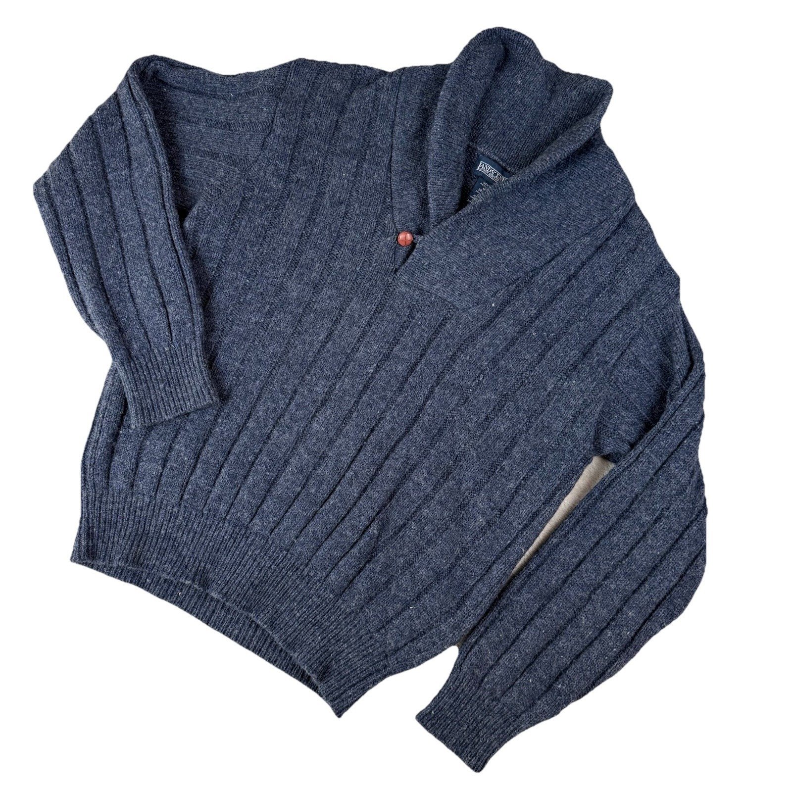 Lands End Sweater Mens Sz M Blue Wool Fisherman Pullover Shawl Collar Preppy