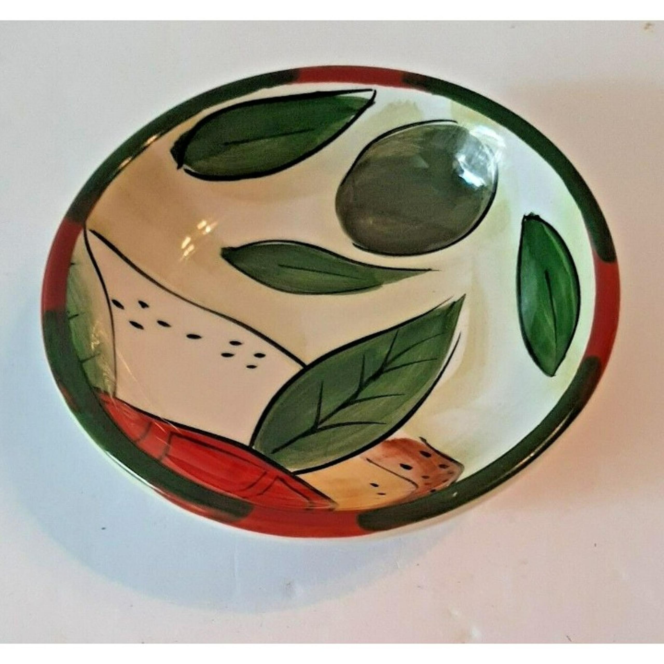 Pampered Chef Ceramic Dipping Bowl 4" Diameter White Red Green Hand Painted