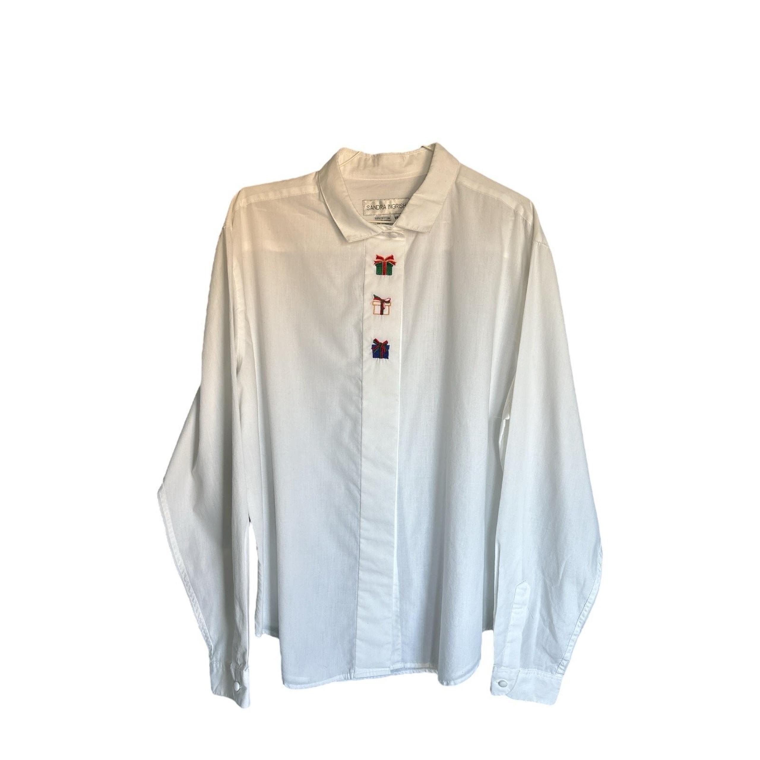 SANDRA INGRISH Women's Size 16 White Button Down Shirt Embroidered Christmas