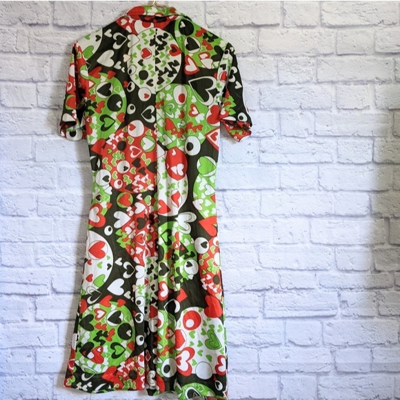 Vintage 60s 70s Heart Print Mod Shirt Dress S Red Green White Psychedelic Hippie