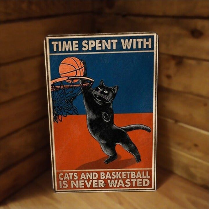 Metal Poster Sign Black Cat Playing Basketball - Wall Art Metal Poster Sign Black Cat Playing Basketball - Wall Art
